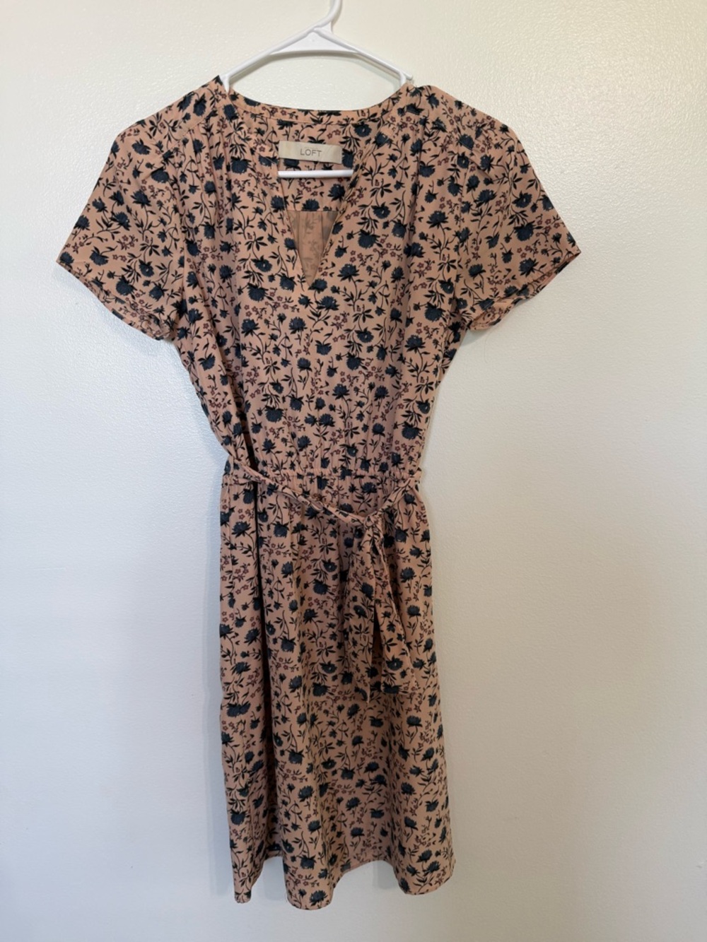 LOFT Tan Dress with Black Floral Print and Self-Tie Waist